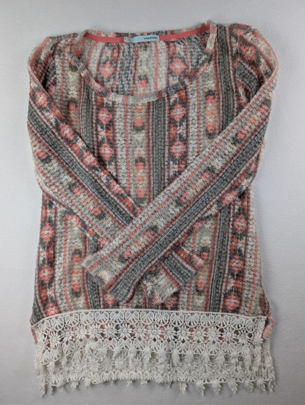 Maurices Women’s Small Boho Aztec Print Crochet Lace Hem Sweater